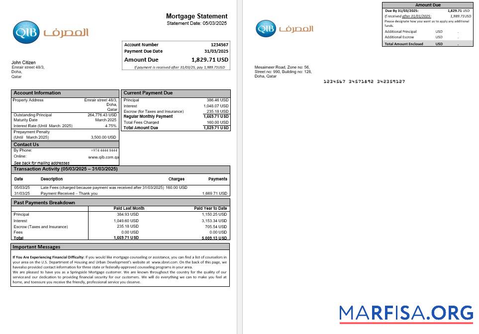 Downloadable Qatar Islamic bank mortgage statement in Word and PDF formats real example
